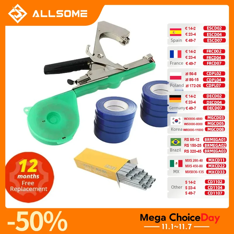 ALLSOME Buộc Máy Vật Có Sân Vườn Vật Có Tapetool Tapener + 10 Cuộn Băng Keo Bộ Cho Rau Củ Quả Nho Cà Chua Dưa Chuột Tiêu Hoa