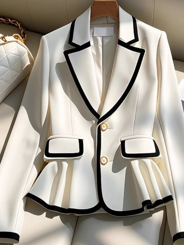 ภาษาฝรั่งเศสคํา Elegant Blazers Notched คอยาวแขนยาว Ruffles Contrast สีเสื้อฤดูใบไม้ผลิฤดูใบไม้ร่วงหญิง Slim Design เสื้อผ้าผู้หญิง