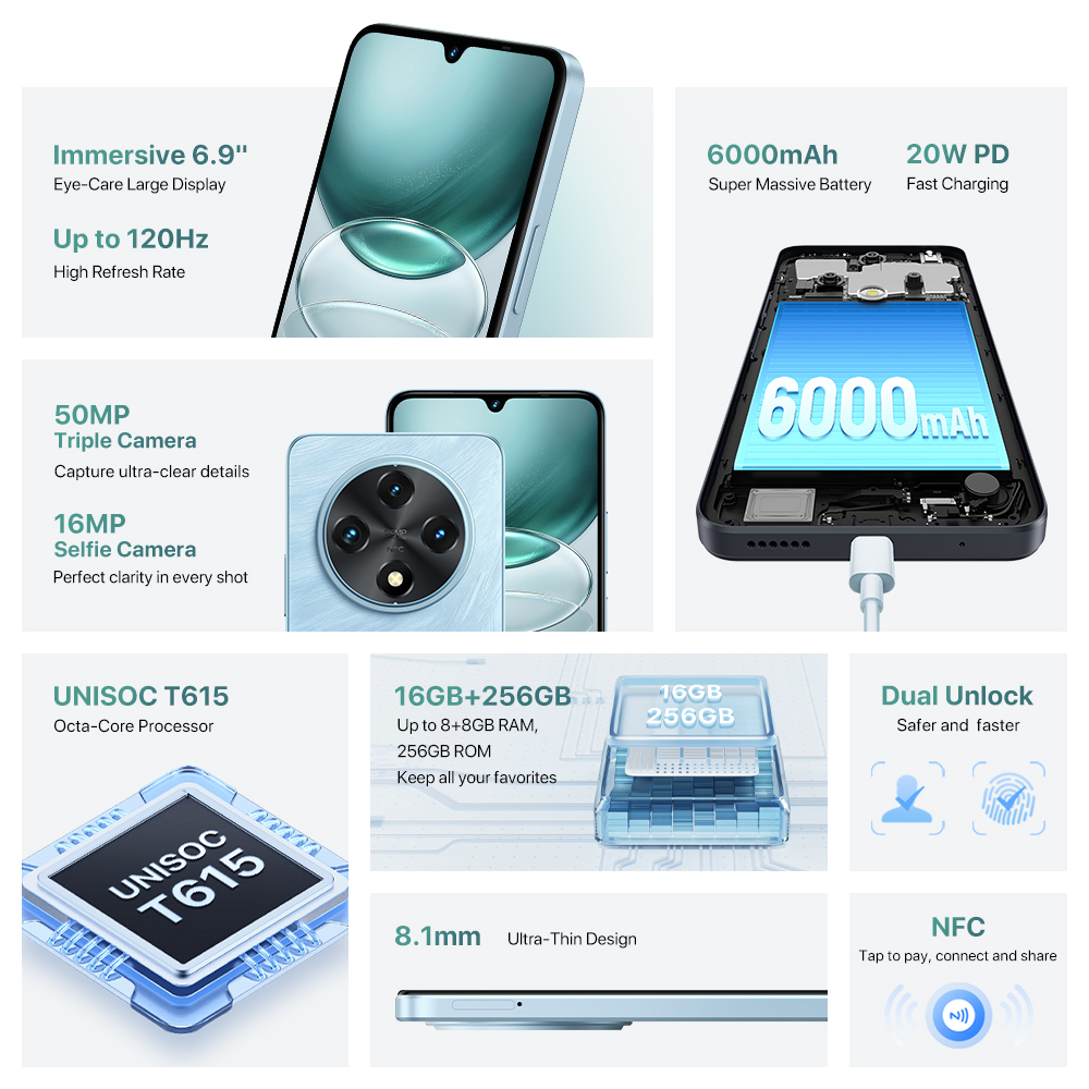 UMIDIGI G100 Smartphone 4G Octa-Core Android 14 6.9" 120Hz 128GB 50MP Triple Camera 6000mAh Battery 20W Dual SIM Cellphone NFC