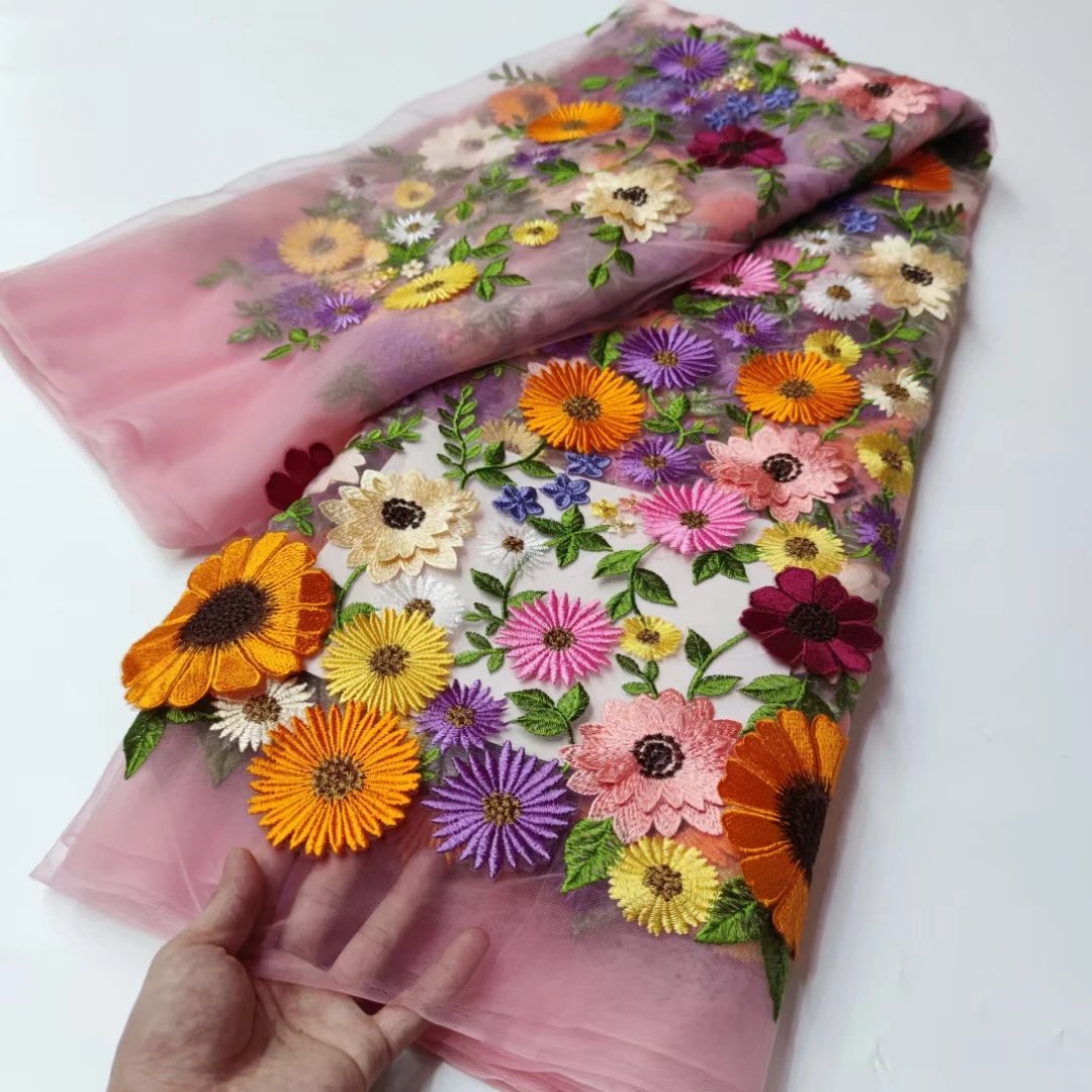 Mais recente elegante melhor qualidade muito macio 3d apliques tecido de renda de tule africano para vestido de festa de casamento nn5339_r