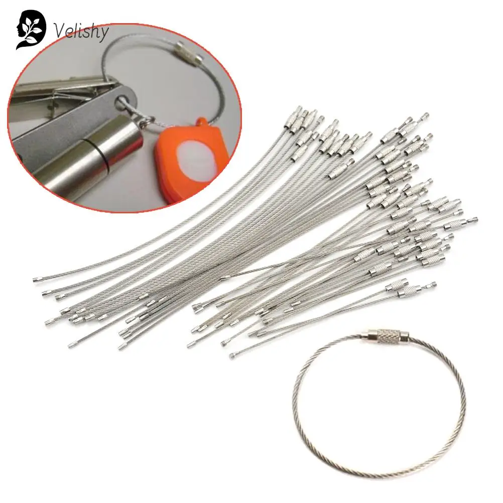 10Pcs 와이어 로프 열쇠 고리 스테인레스 스틸 와이어 열쇠 고리 Carabiner 케이블 열쇠 고리 야외 하이킹