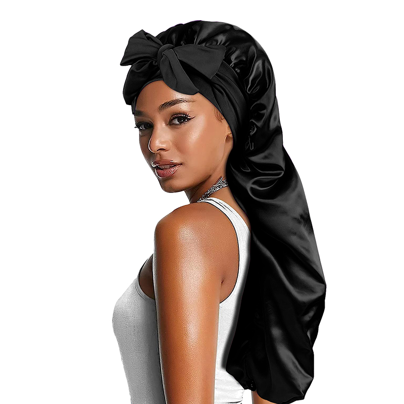 ผู้หญิงยาวขนาดใหญ่ยืดหยุ่นซาติน Bonnet หมวกนอนริบบิ้น Breathable Sleeping CAP Turban Sleep Headwear Bandanas