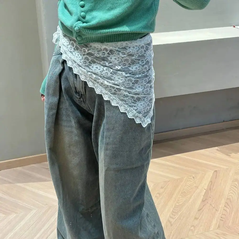 Y2K-falda de media falda de encaje apilada para mujer, falda Bandage de tul con encaje, cortina a tope pequeña, Falda corta, bufanda triangular para el pelo con flores