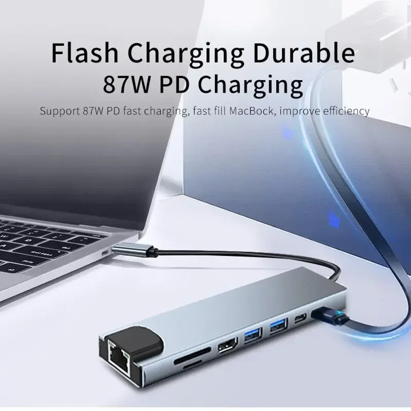 Fast Charge for MacBook Laptop USB 8-in-1 Type-C Hub Adapter with SD/TF Card Reader RJ45 PD