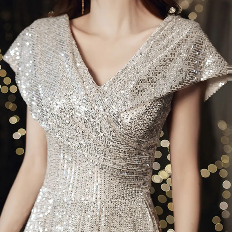 Vestido de Festa E com Decote em V e Lantejoulas, Vestido de Luxo Leve para Anfitriã de Eventos, Casamentos e Aniversá...