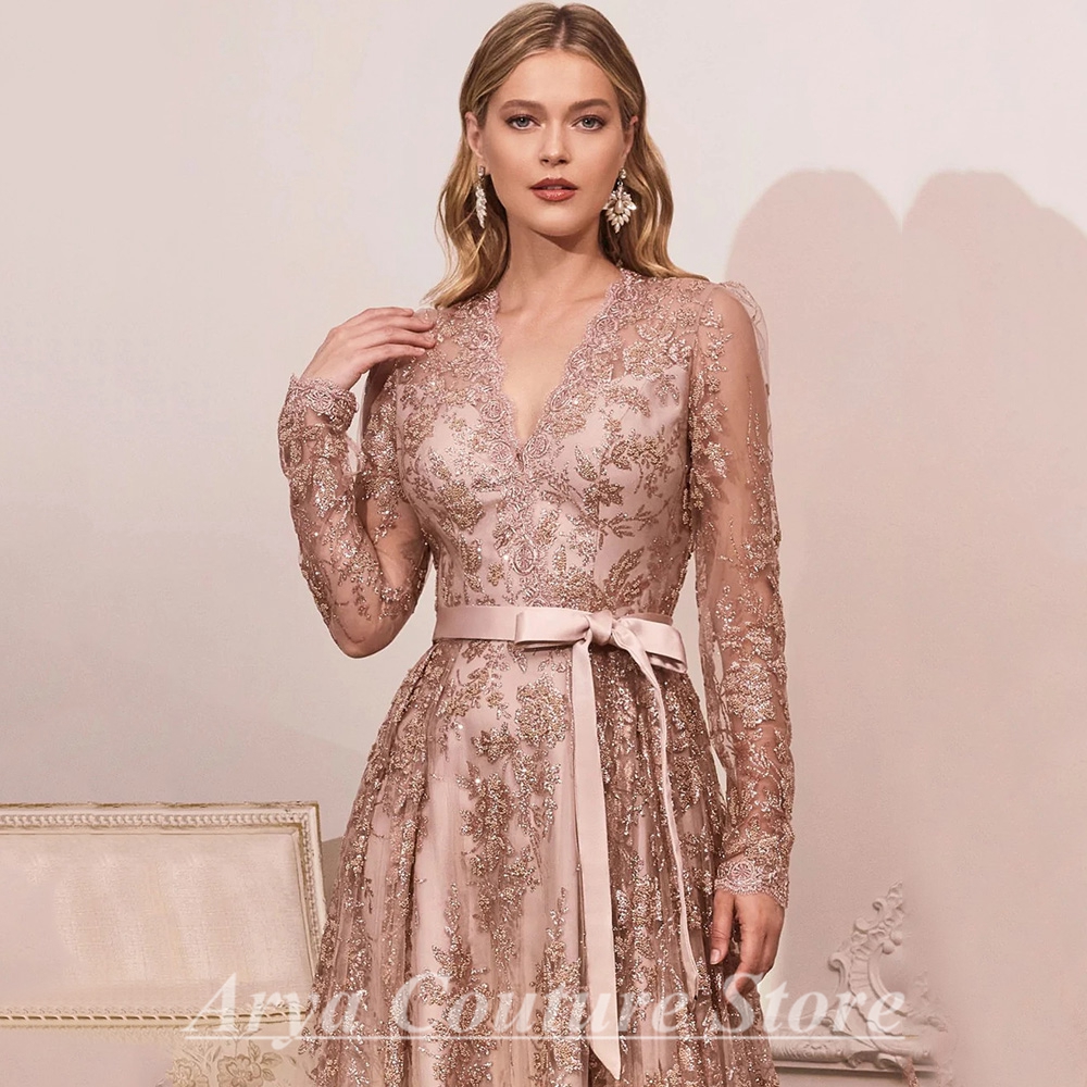Elegante Rose Gold Mutter der Braut Kleider Bogen Gürtel V-ausschnitt Illusion Langarm A-Line und Bodenlangen Bankett Mom kleider
