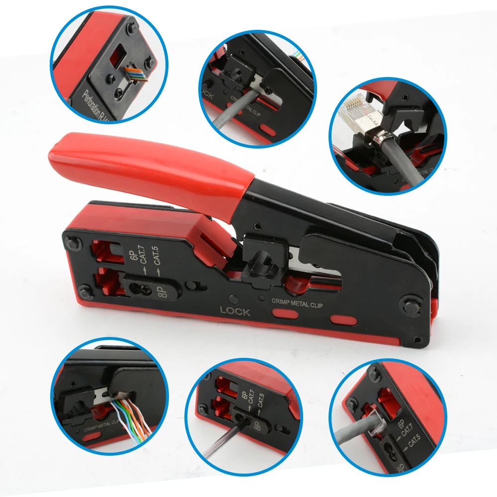 Cat7 RJ45 Krimptang compatibel voor Cat7/6a/6/5e Ethernet-kabel met Cut/Strip Multifunctionele crimper Met reservemessen