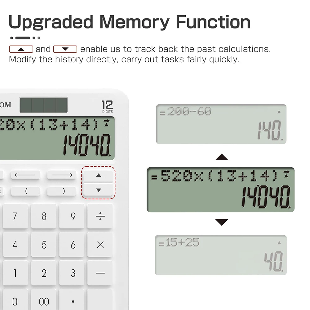 Calculadora de escritorio con grabación de historia mejorada y función de seguimiento, porcentaje, pantalla LCD grande de 2 niveles y clara de 12 dígitos
