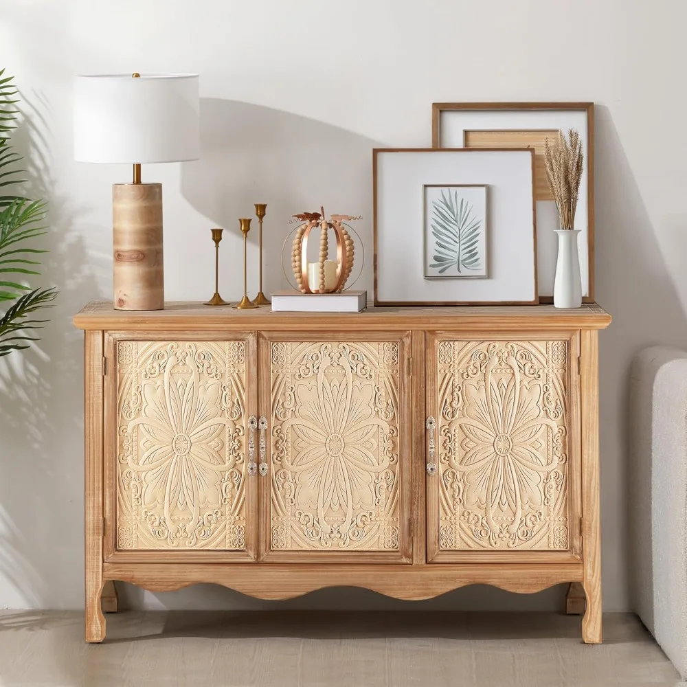 Farmhouse Sideboard Buffet Cabinet with Storage, 49" Solid Wood Credenza Buffet Table Coffee Bar Wine Bar Storage Cabnet