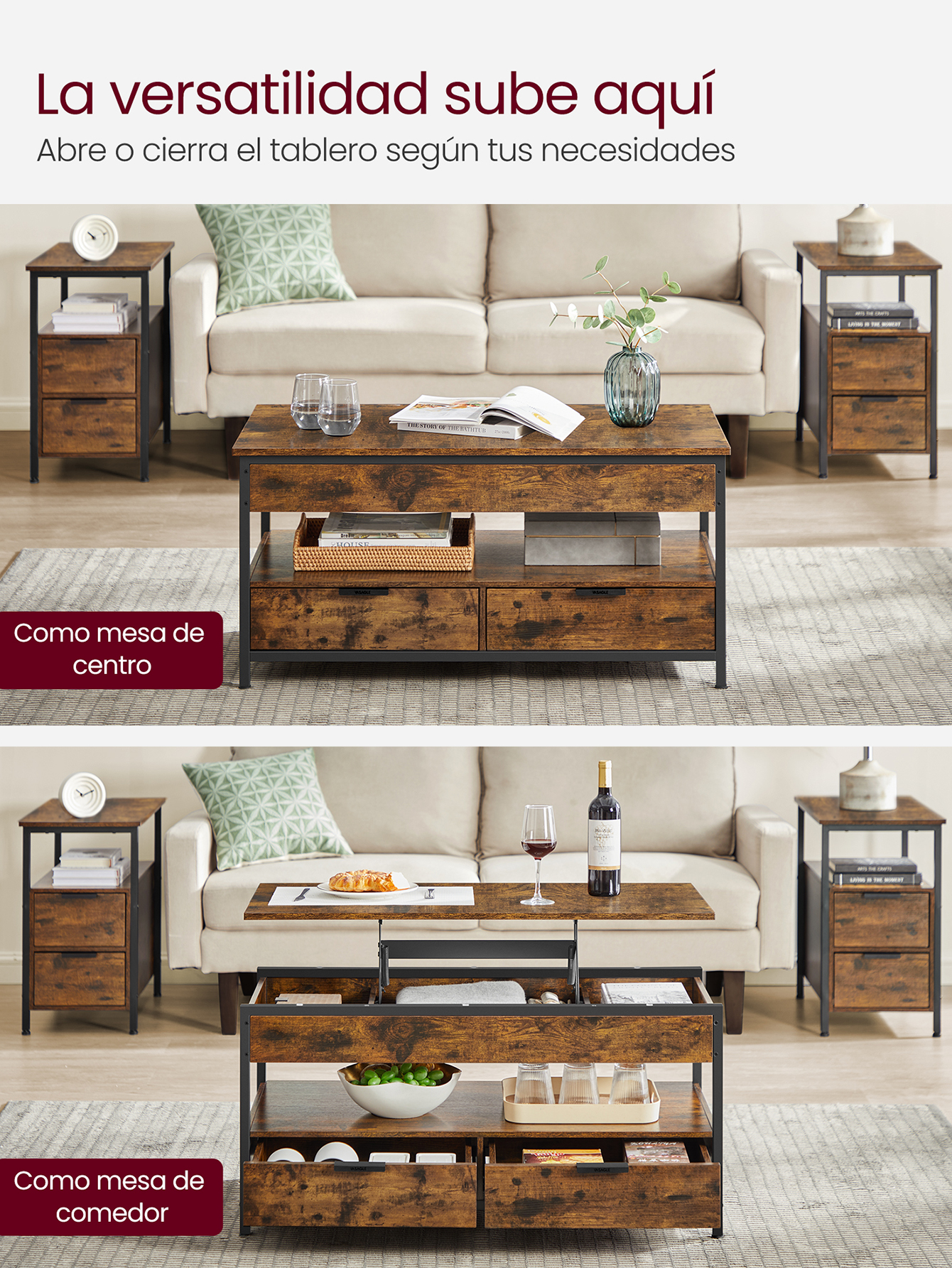 Mesa de centro elevable VASAGLE: cajones de almacenamiento, compartimentos ocultos, estante abierto. Gris carbón/tinta negra. Ideal para la sala de estar.