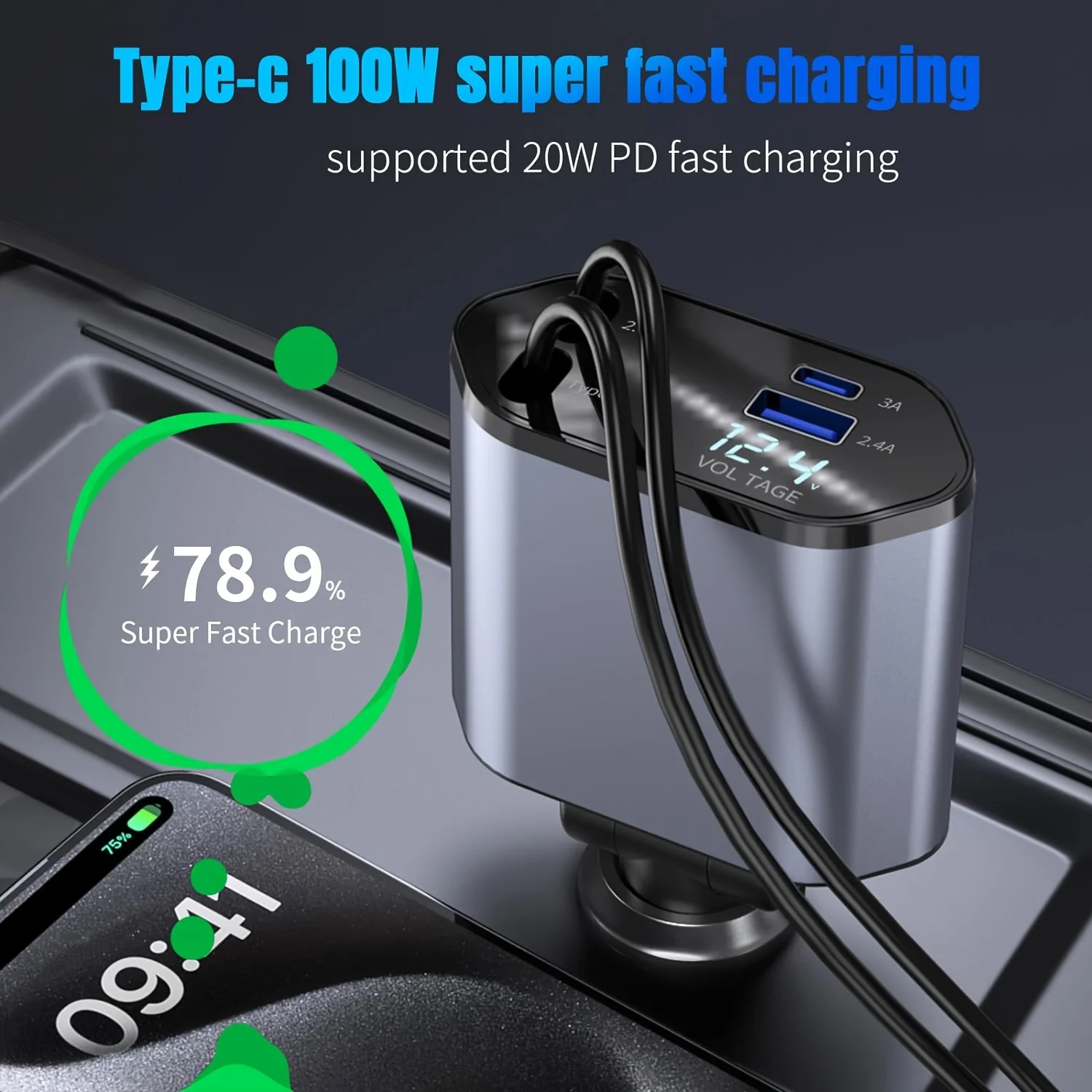 格納式カーチャージャー、4 in 1急速充電カーチャージャー120W、格納式ケーブルと2つのUSBポートカーチャージャーアダプター互換