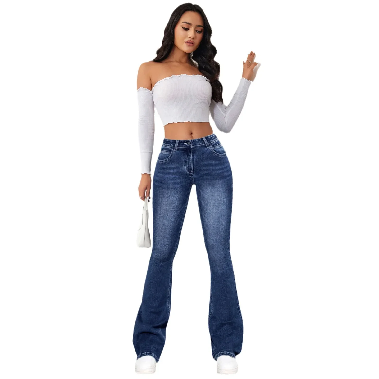 กางเกงยีนส์ผู้หญิง SLIM FIT Flare กางเกง DENIM ซักผ้ากระเป๋าเอวสูงข้อเท้าความยาว Boot CUT Streetwear Casual Zipper Fly