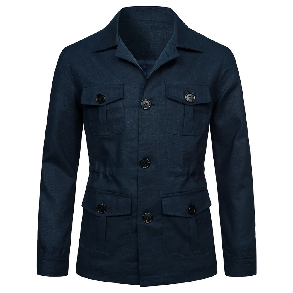 Herren Mäntel Safari Jacke Leinen Britischen Retro Gentry Anzug Taschen Oberbekleidung Mode Einfarbig Männlich Tops Ropa Hombre