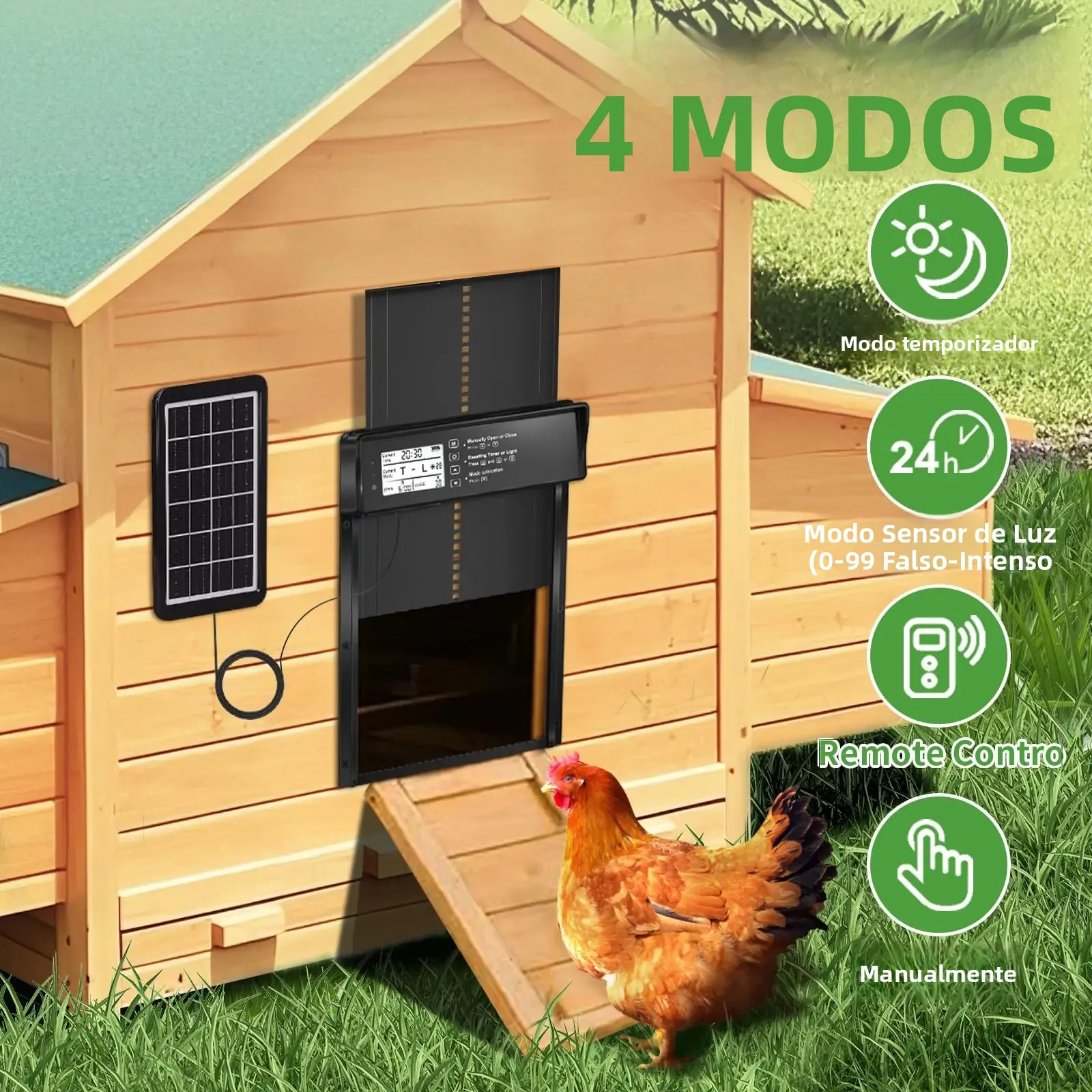 Porta automática de galinheiro movida a energia solar com display LCD, porta automática de galinha com temporizador e sensor de luz - Controle remoto