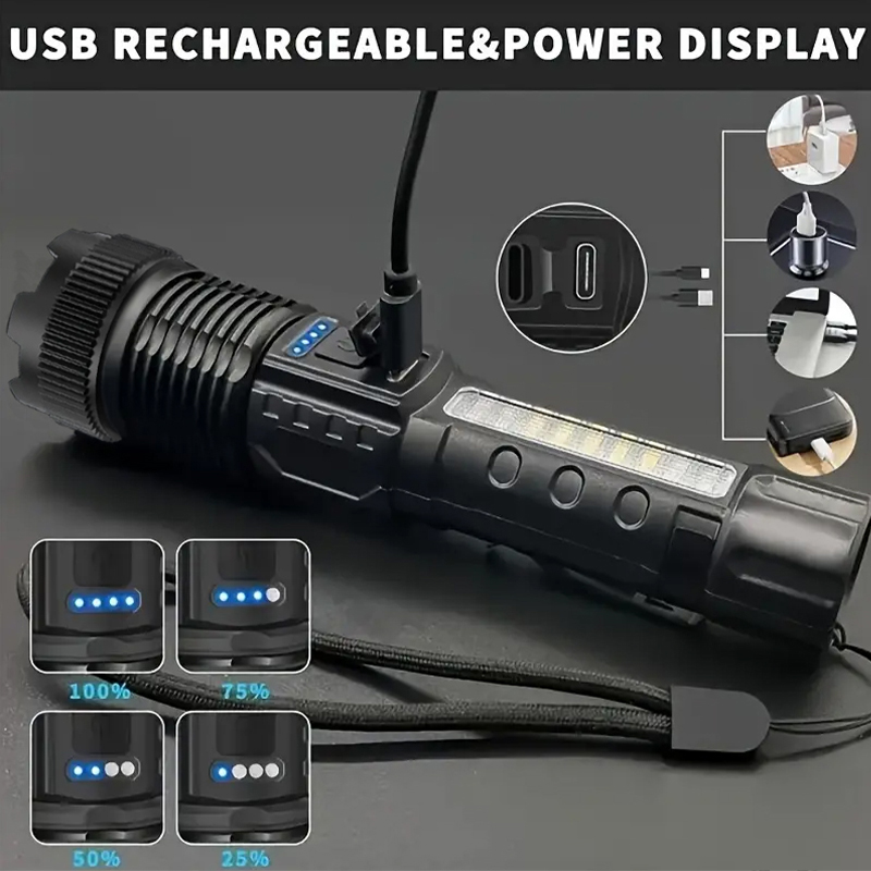 ไฟฉายอันทรงพลังไฟฉายแบบชาร์จไฟได้ไฟฉาย LED พลังงานสูงแบตเตอรี่ในตัวสําหรับโคมไฟฉุกเฉินแคมป์ปิ้ง