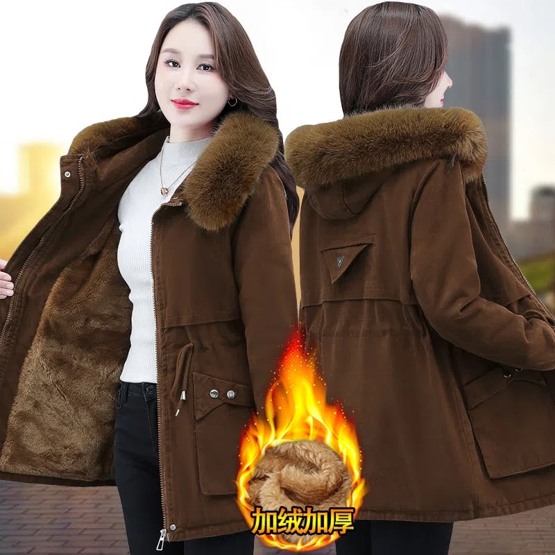 Abrigo acolchado de algodón para mujer, chaqueta de invierno holgada informal con capucha, prendas de vestir, Top para mujer, Parkas con cuello de piel gruesa de talla grande 2024