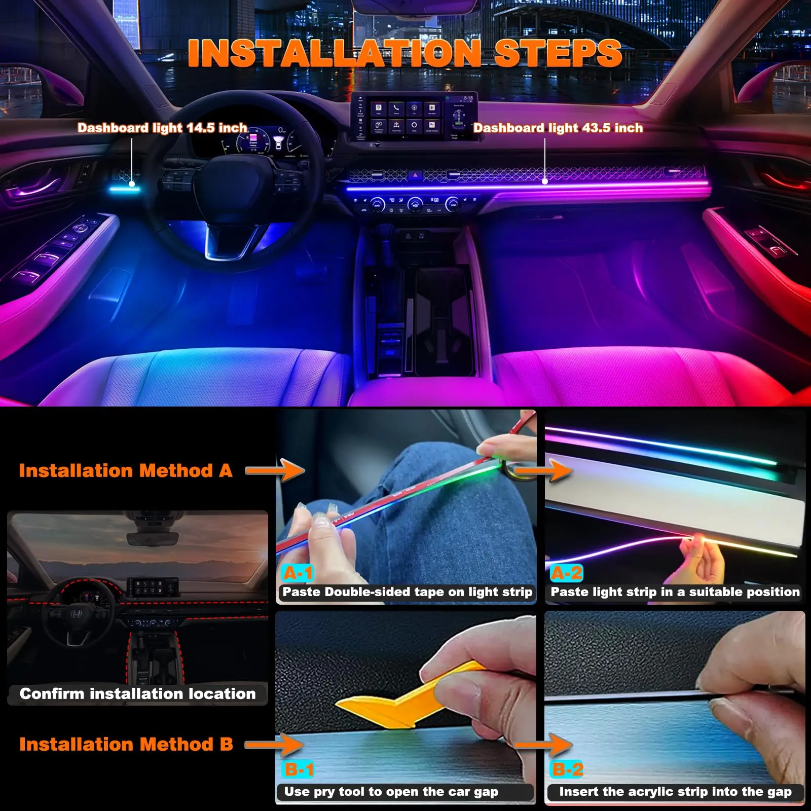 Éclairage ambiant de voiture au néon dynamique 2 en 1, bande lumineuse intérieure à LED en acrylique Dreamcolor, lampe décorative RVB pour les placements, modèle 3, Y, S, X