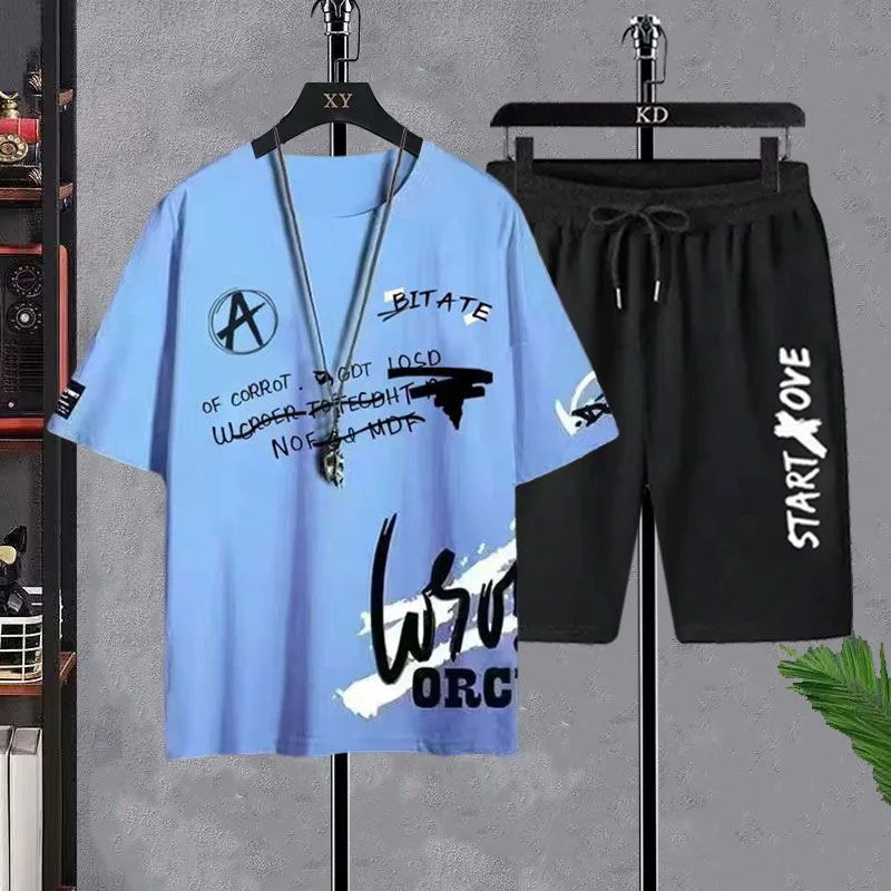 Sommer Set für Männer Kleidung lässig Kurzarm T-Shirt kurze Sets 2 Stück Sets Männer y2k Trainings anzüge übergroße O-Neck Print T-Shirt