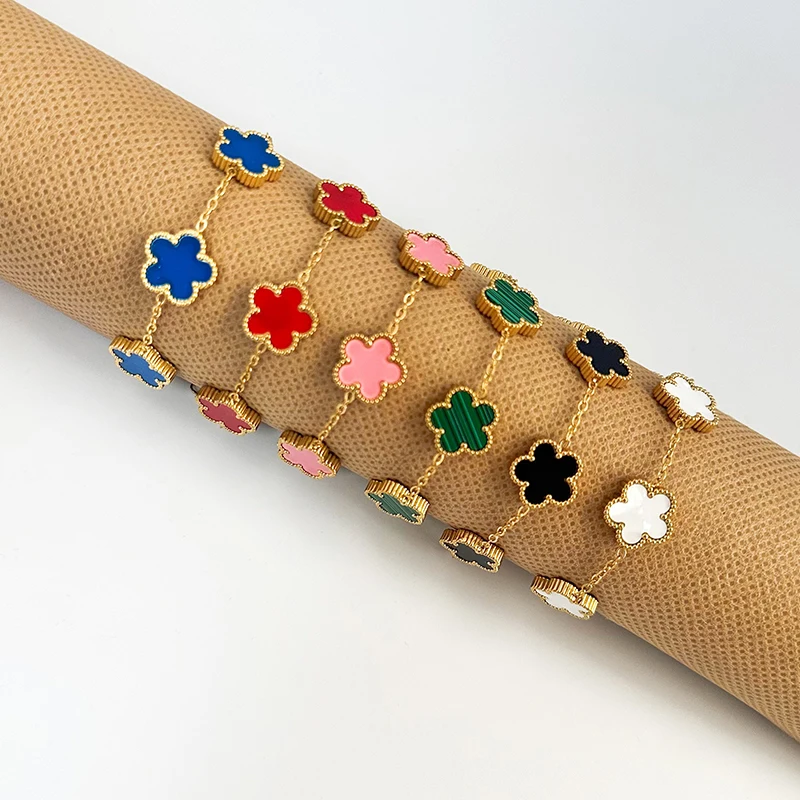 ปรับสร้อยข้อมือสแตนเลสสองด้านสร้อยข้อมือห้ากลีบดอกไม้ Gold Plated Clover ผู้หญิงแฟชั่นเครื่องประดับ