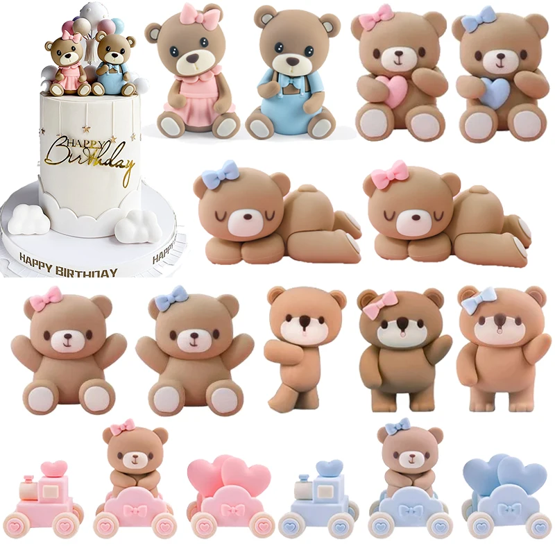 Nuovo 3D Rosa Blu Orso Torta Topper Carino Mini Orso Bambola Decorazione Torta Ragazzo Ragazza Festa di Compleanno Genere Rivela Baby Shower Forniture