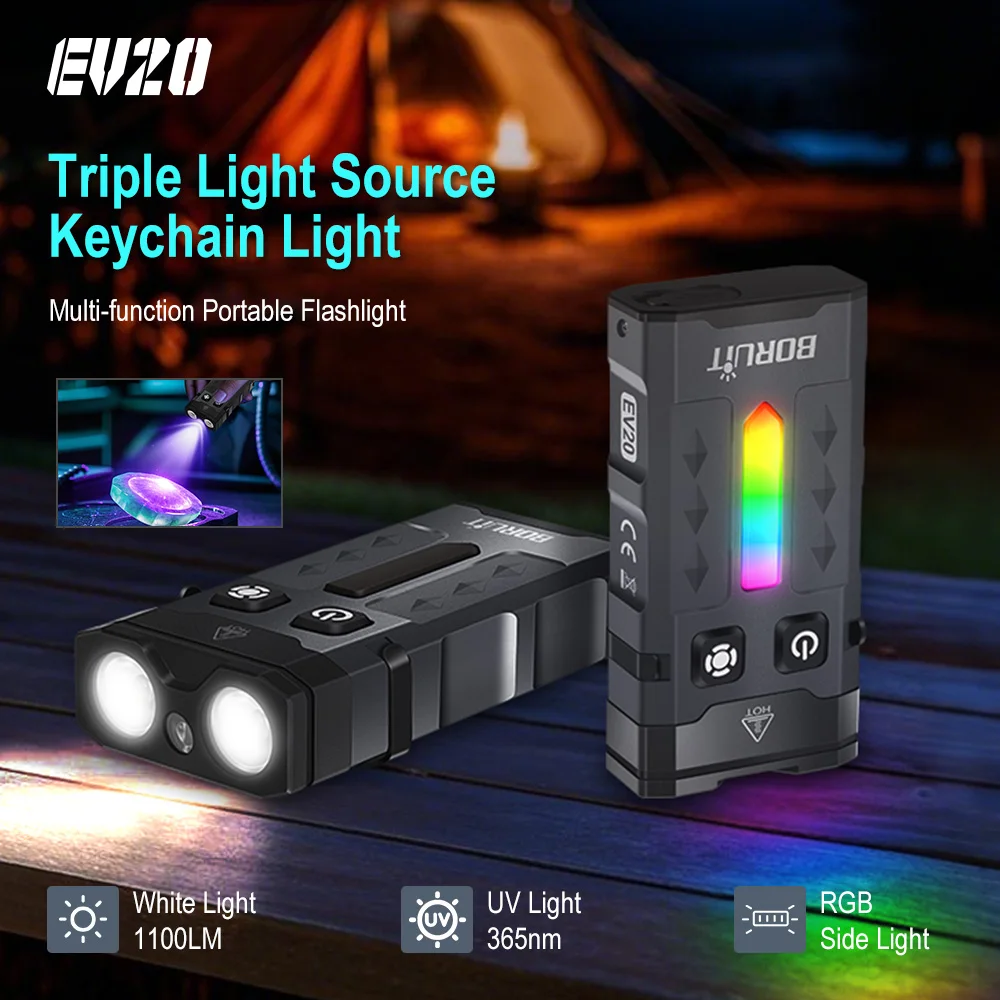 BORUiT EV20 EDC Flashlight LED Keychain Light RGB Light 1100LM Type-C Rechargeable Mini Torch Outdoor Camping Pocket Lantern
