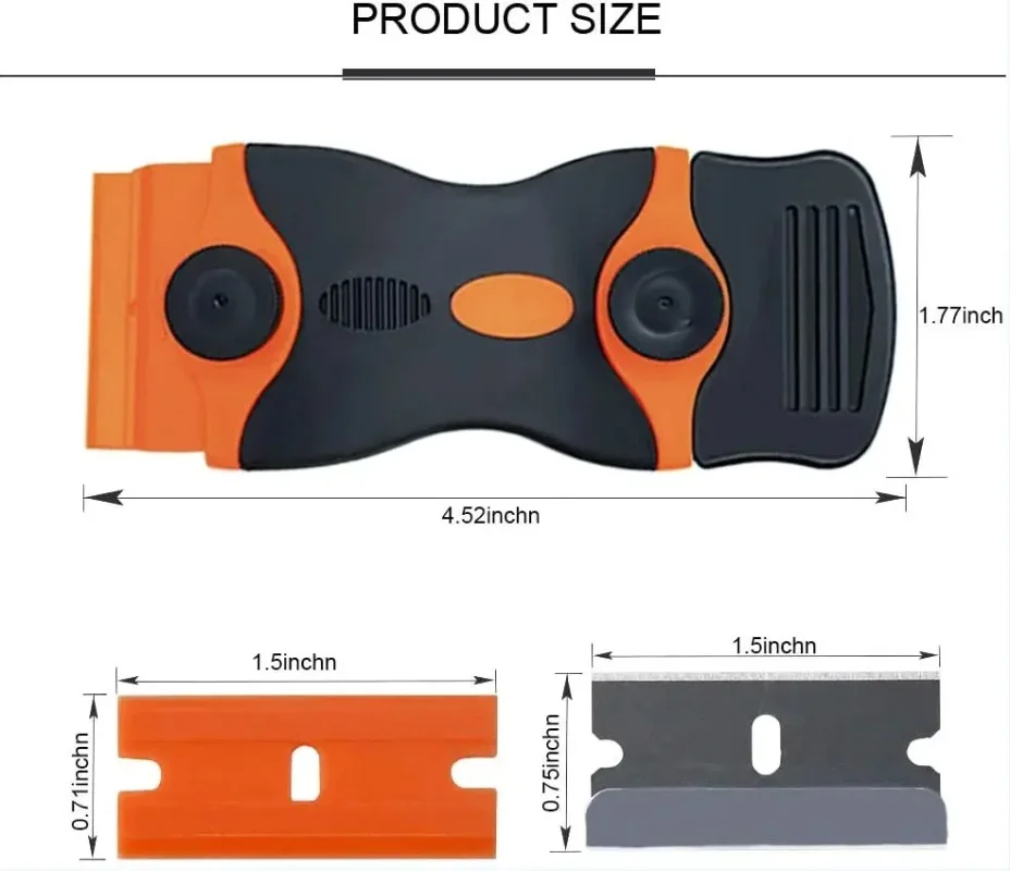 Plastic & Metal Razor Blade Scraper, Window Glass Cleaner, Vinyl Film & Adhesive Remover Tool for Car & Home