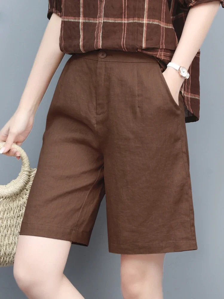 Damen-Shorts aus Baumwolle mit hoher Taille, lockere, lässige, solide Damen-Sommershorts, Basic Black Coffee, halbelastische Taillen-Shorts