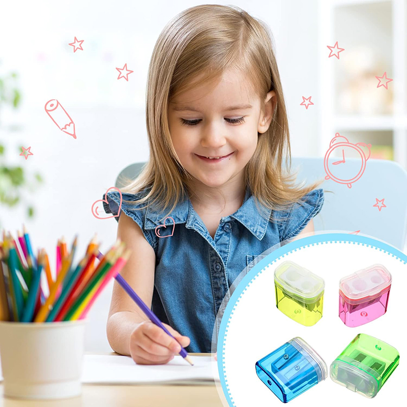 12pcs/box Manual Pencil Sharpener Small Colored Handheld Dual Hole Pencil Sharpeners with Lid 4 Color For Kids School Supplies