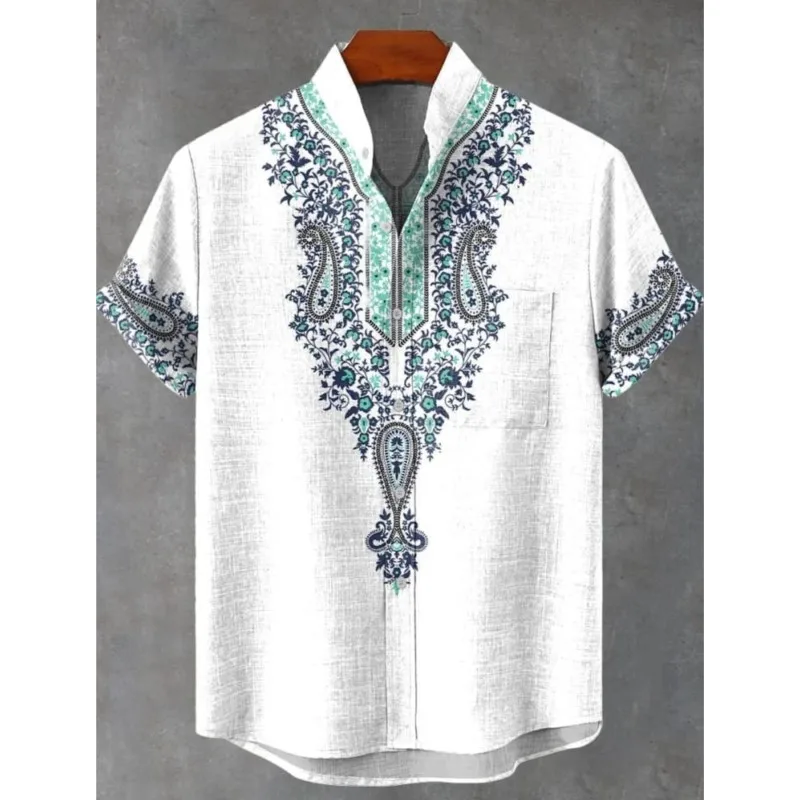 Moslim kleding heren retro africano tribal totem padrão impressão linho tecido confortável camisa de manga curta tendência de rua