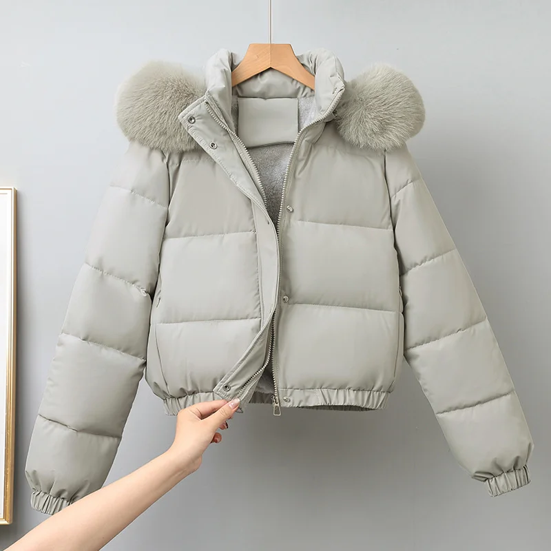 Inverno curto parkas roupas femininas acolchoadas de algodão adicionar veludo engrossar outerwear gola de pele removível casacos com capuz jaquetas quentes