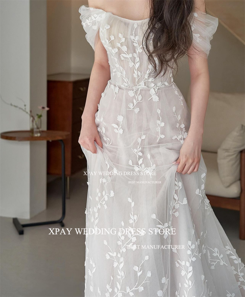 Xpay-プリンセスレースのウェディングドレス,裸の肩,韓国のブライダルガウン,ライン,レースのアップリケ,背中の開いた,写真撮影,花嫁のドレス