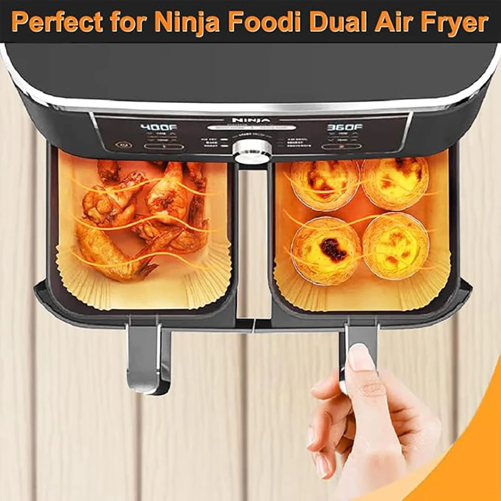 Revestimientos de papel desechables para freidora de aire, papel pergamino rectangular para freidora de aire para Ninja Dual Basket DZ201 DZ401, accesorios para freidora de aire de 8 cuartos