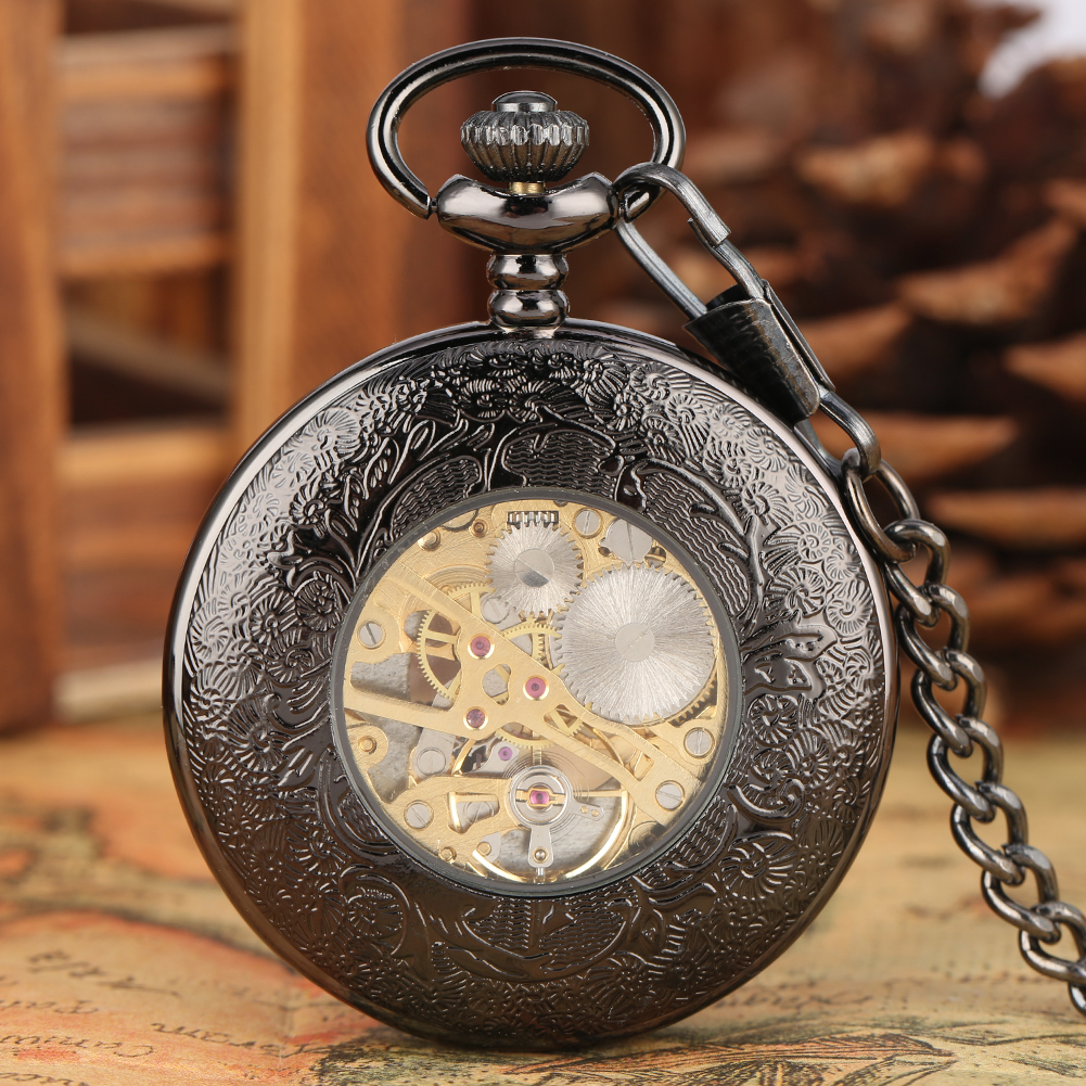Reloj de bolsillo mecánico Vintage, rueda dentada, colgante de medio cazador, reloj Retro con números romanos, reloj de bolsillo con cuerda manual