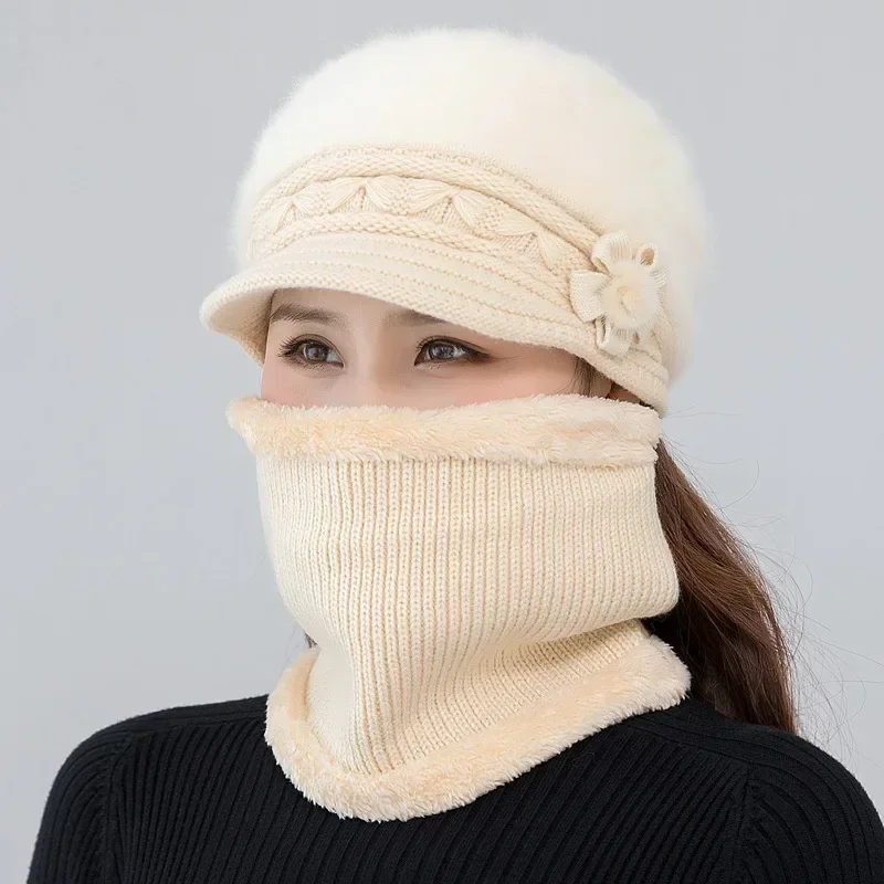 Gorro de invierno para mujer, gorro que mantiene el calor, conjunto de gorro y bufanda forrado de piel, gorros cálidos para mujer, gorro tejido informal de piel de conejo para invierno 2024