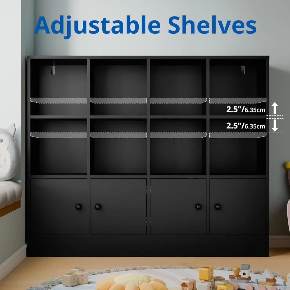 Black Wood Bookcase,12 Cube Storage Organizer Bookshelf with 4 Doors,3 Tier Storage Cabinet with Adjustable Shelves for Bedroom
