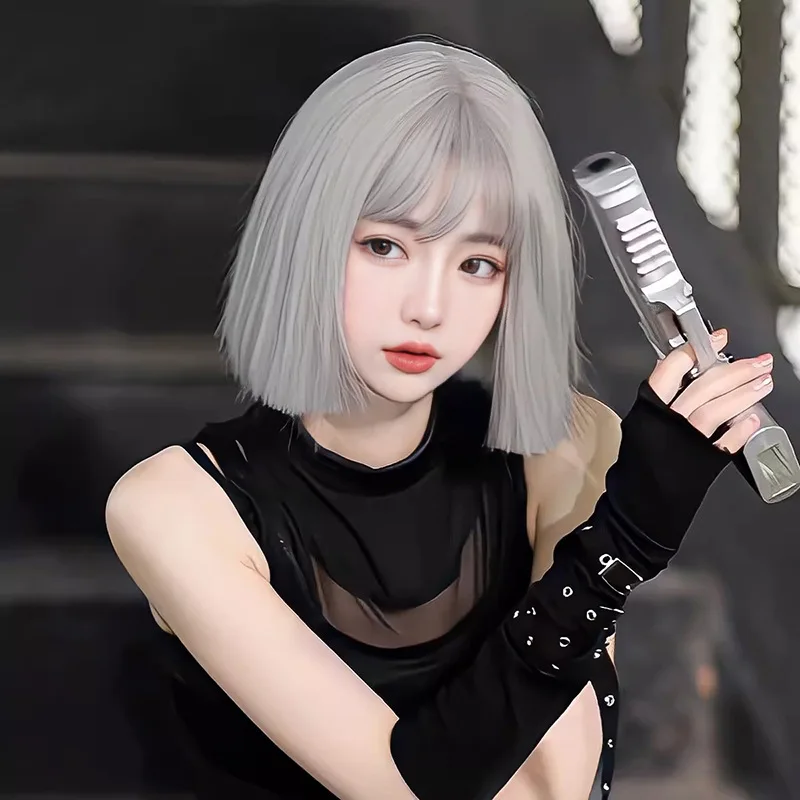 Cos peruca sintética feminina bob net vermelho cabelo reto avó cinza cabelo curto conjunto de peruca de seda de alta temperatura