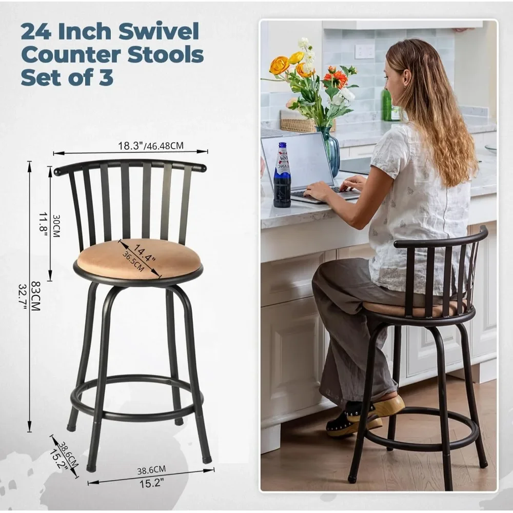 Bar Stools 24 Inches Set of 3, Modern Metal Counter Height Bar Stools with Back,Suede Swivel Round Bar Chairs