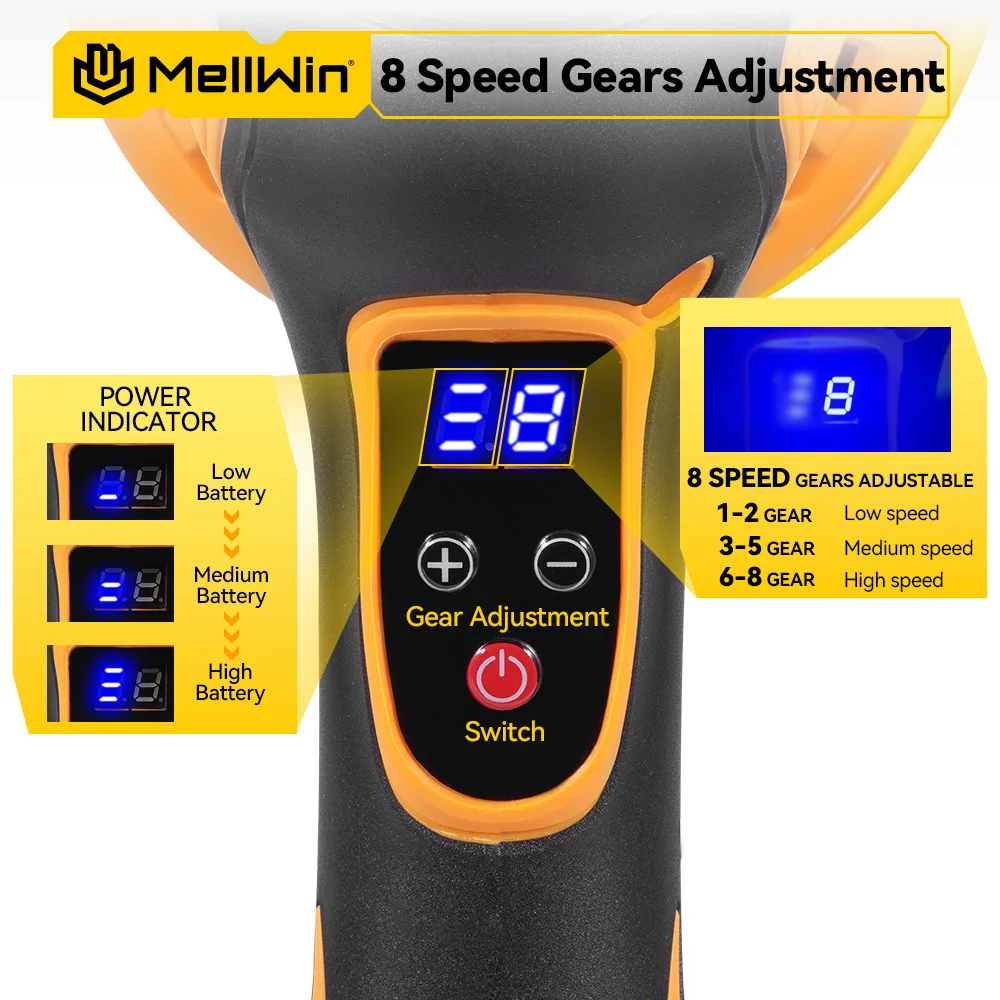 MELLWIN 5500rpm 8 Gears Digital Display Cordless Electric Car Polisher Car Polishing Waxing Sanding Machine For 12V Battery