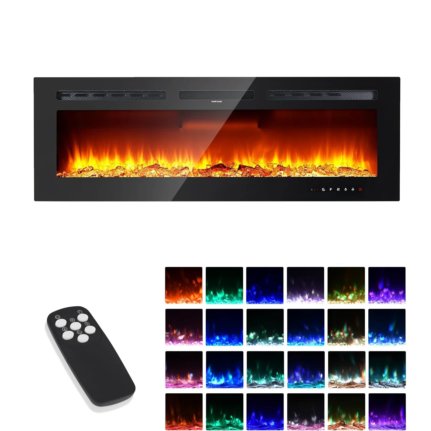 Kominek elektryczny ścienny 40/50/60 cali, 220V 1500W, dwustopniowa regulacja temperatury, tryby 3D z 12 diodami LED i realistycznym efektem płomienia.