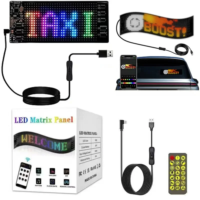 LED Sign for Car,Scrolling LED Sign Pixel Screen,Flexible LED RGB Matrix Panel,DIY Design Animations/Text/Graffiti(12x59.5cm)