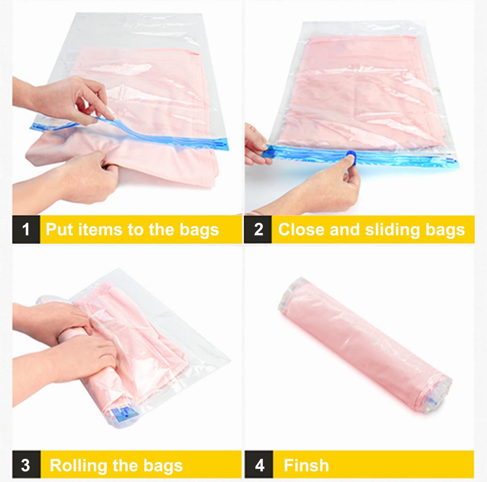 Paquete de 8 bolsas de compresión enrollables, bolsas de almacenamiento al vacío reutilizables para organizador de viaje, ahorro de espacio en maleta, No requiere bomba