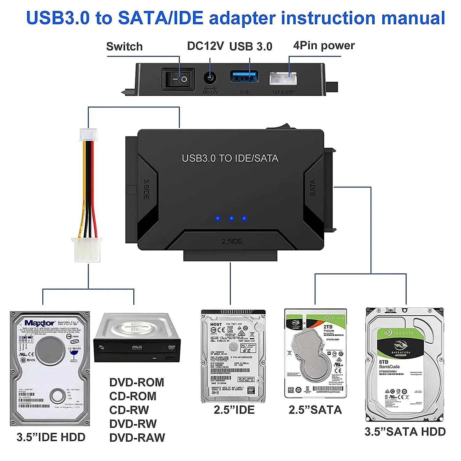 SATA/IDE zu USB 3.0 Adapter Festplattenadapter Konverter für Universal 2,5/3,5 Zoll IDE SATA HDD SSD mit 12V 2A Netzteil