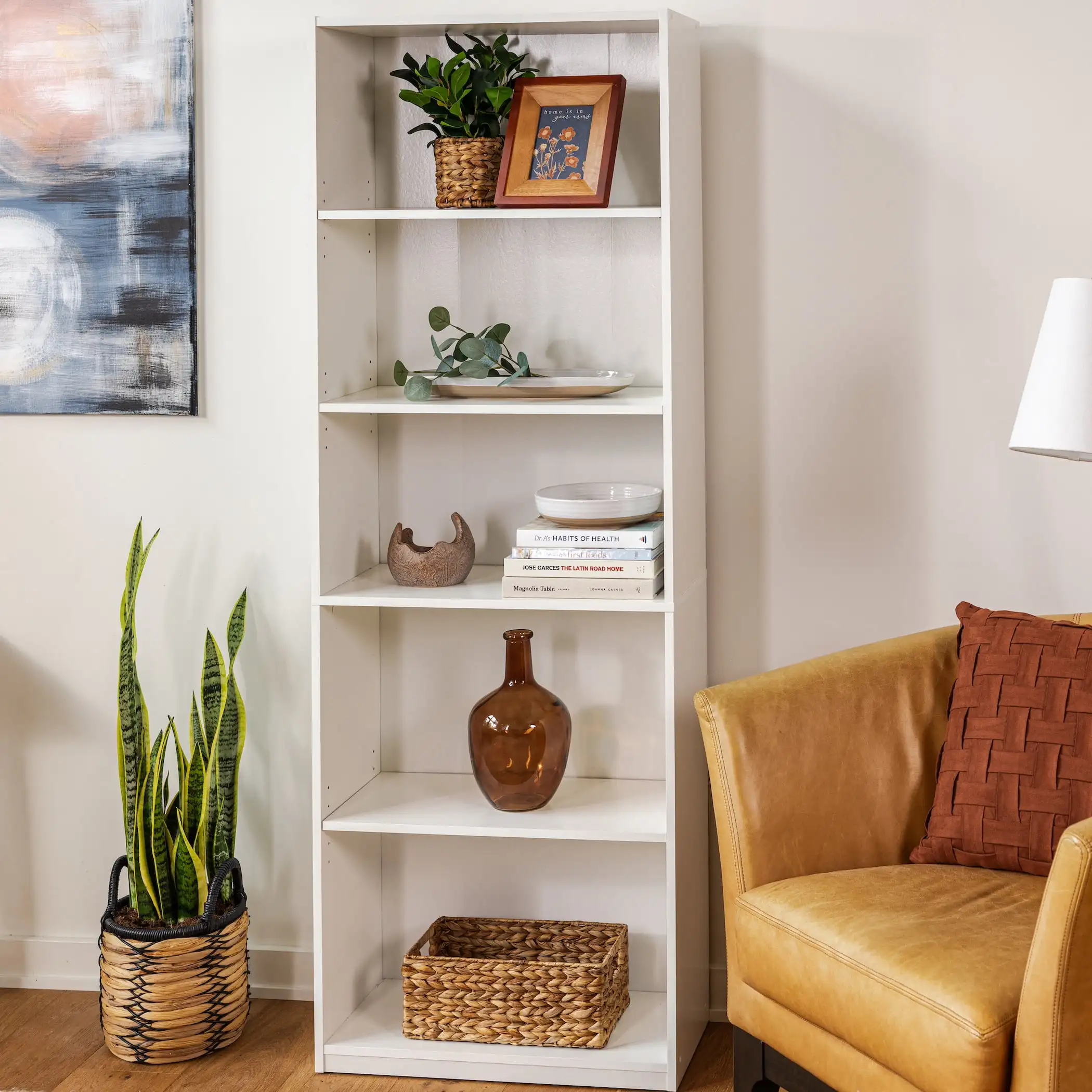 5-Shelf Bookcase with Adjustable Shelves,Solid Wood/Closed Back/Display Bookshelf for Living Room,Bedroom,Home and Office,White
