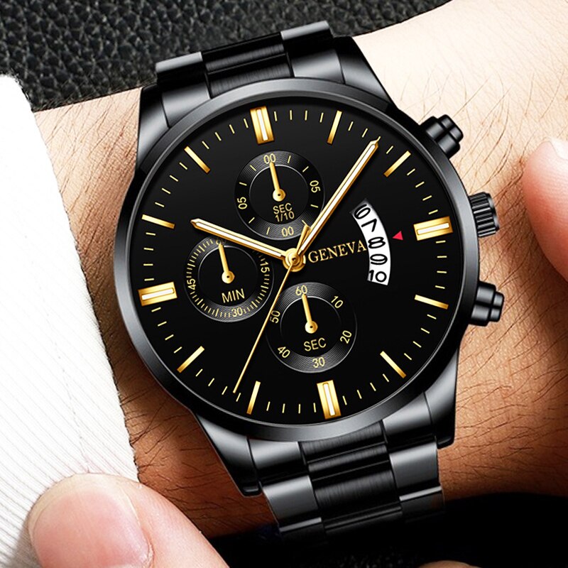 Reloj de pulsera de cuarzo para hombre, cronógrafo de acero inoxidable negro, a la moda, con calendario de lujo, de negocios