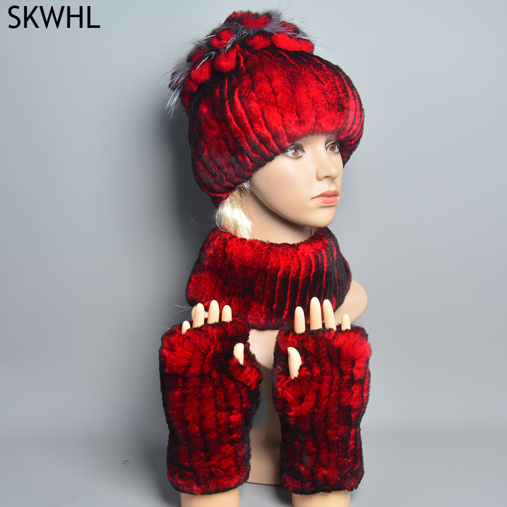 Frauen Winter Luxus echte Rex Kaninchen Pelz Hut Schal Handschuh 3 Stück gestrickt rex Kaninchen pelzmütze natürliche Pelz mütze Schals Fäustlinge Sets