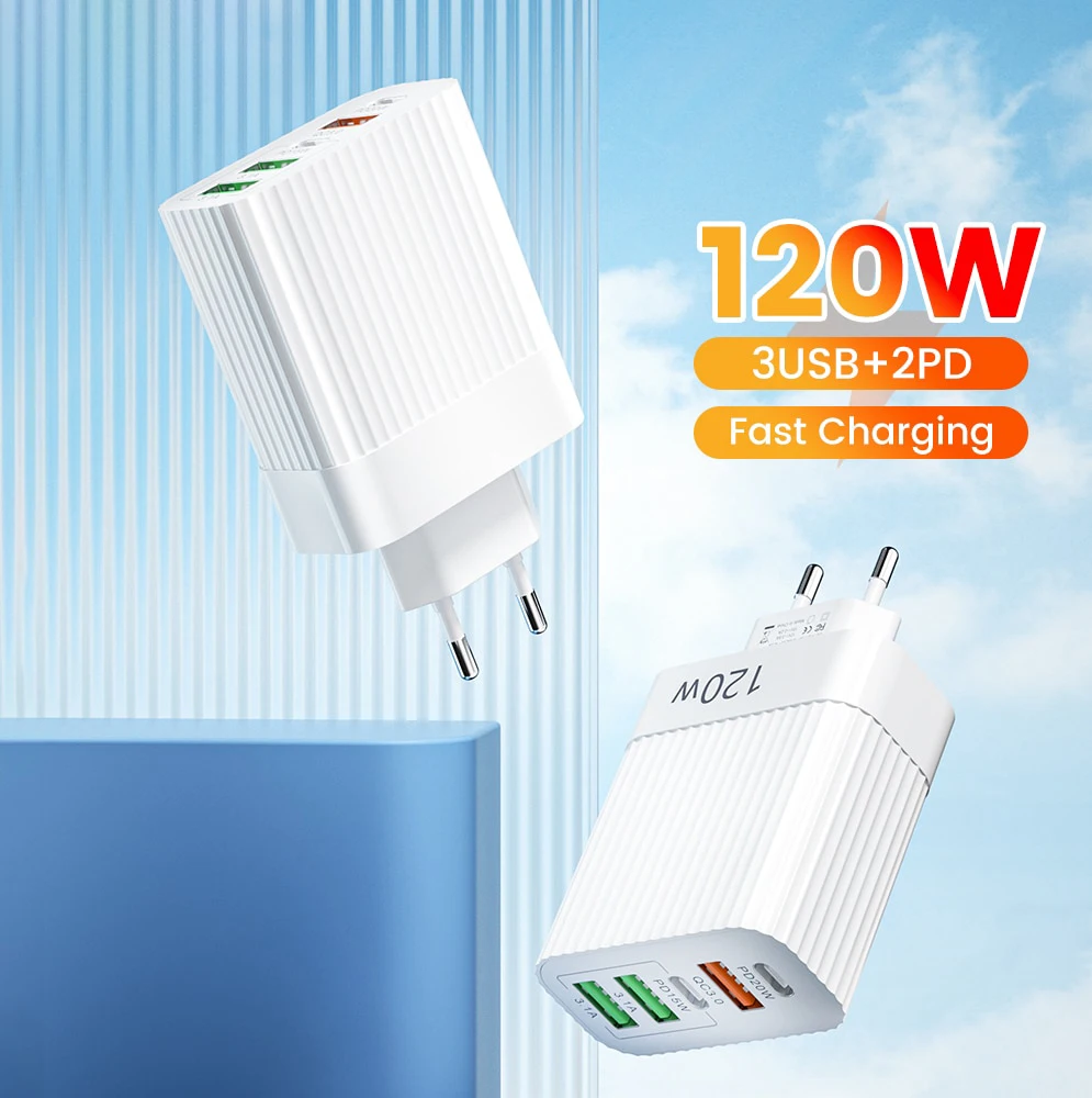 Cargador USB de 5 puertos QC 3,0 tipo C PD, carga rápida para iPhone 15 14 Samsung Huawei Xiaomi, cargador de pared con enchufe europeo/estadounidense