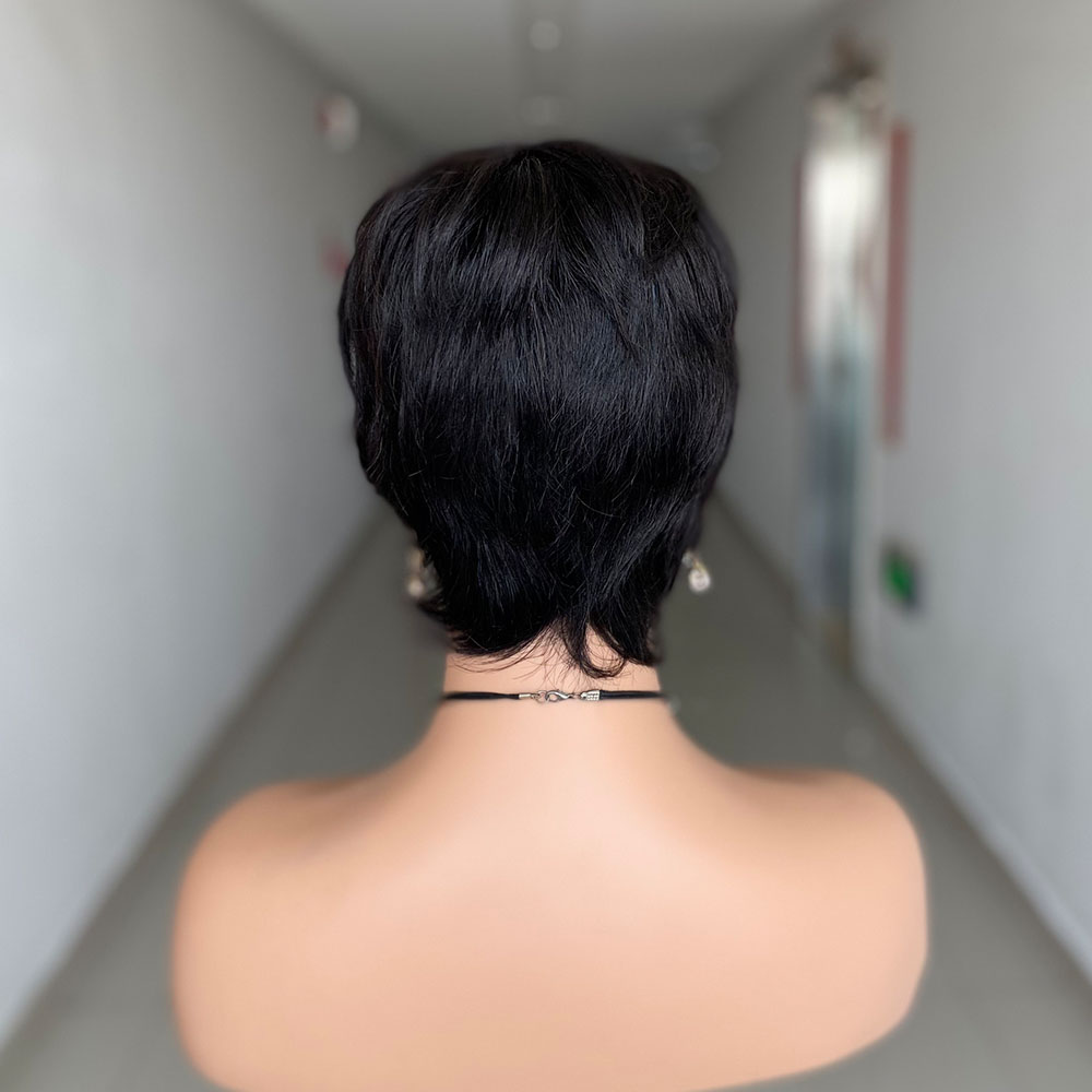 Peruca curta de corte pixie, cabelo humano pronto para usar, cabelo humano brasileiro para mulheres, cor preta, máquina completa, perucas curtas e retas