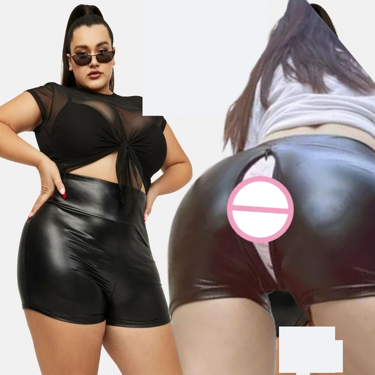 2025 nova mulher gorda imitação de couro calças de três pontos calças abertas elásticas esportes yoga calças boate estilo sexy tamanho grande