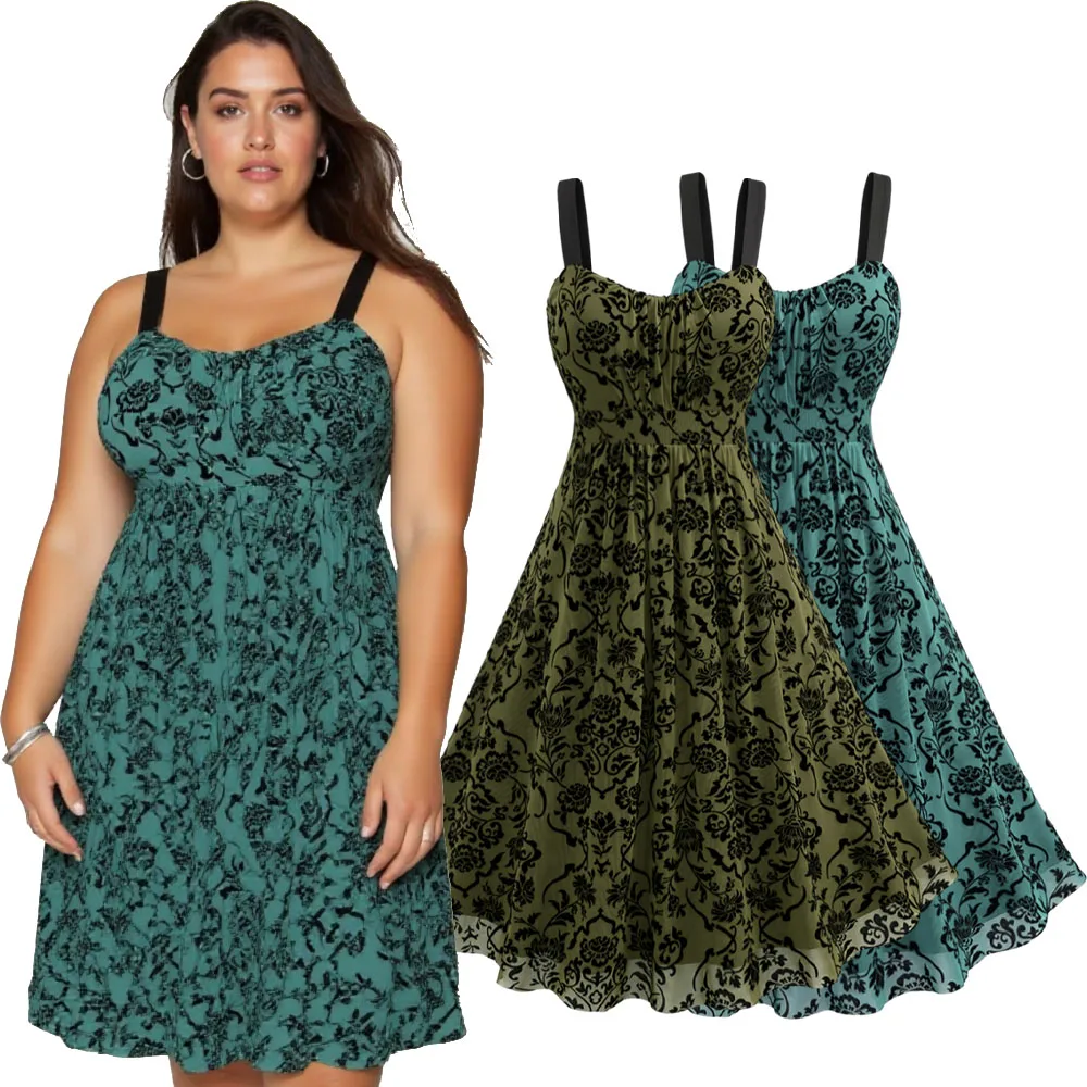ROSEGAL Damen-Freizeitkleider in Übergröße, Vintage, ärmellos, mit Blumenmuster, geschichtet, gerüscht, Netzstoff, A-Linien-Kleid