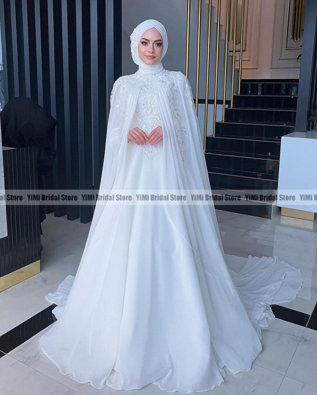 Muslim Wedding Dresses with Cape High Neck Long Sleeves Sweep Train Chiffon Sequined Beading Hijab Bride Bridal Gowns Customized
